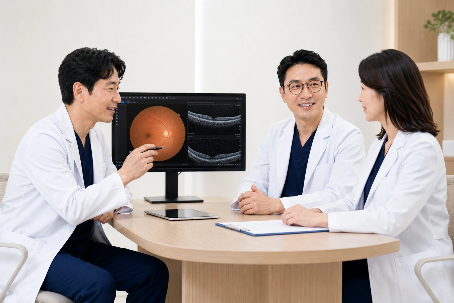 가상 의료진 세 명이 검사 영상을 함께 검토하는 모습