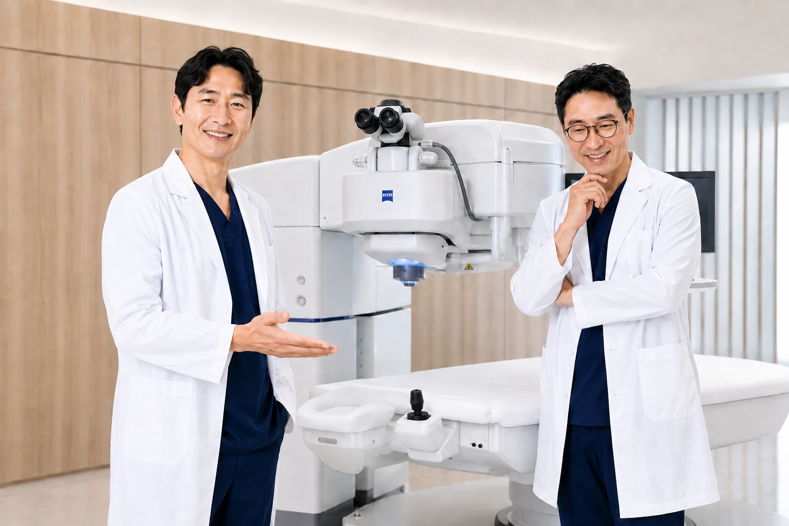 가상 의료진이 새 시력교정 장비를 확인하는 모습