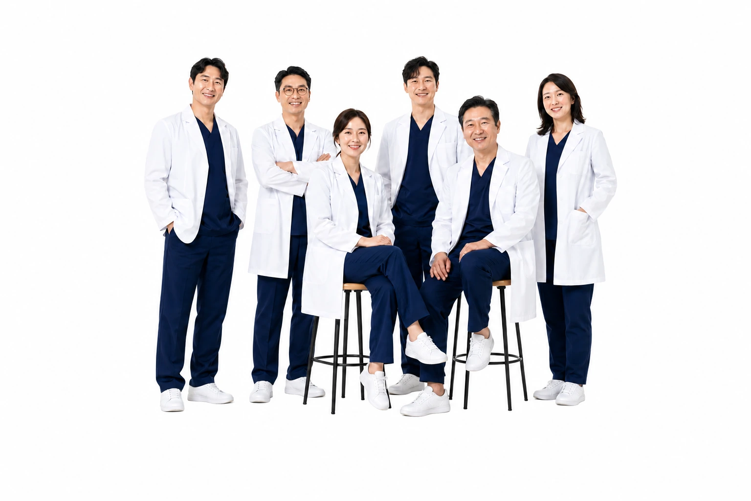흰 가운과 네이비 스크럽을 입고 밝게 미소 짓는 가상 의료진 6명, 남성 4명과 여성 2명